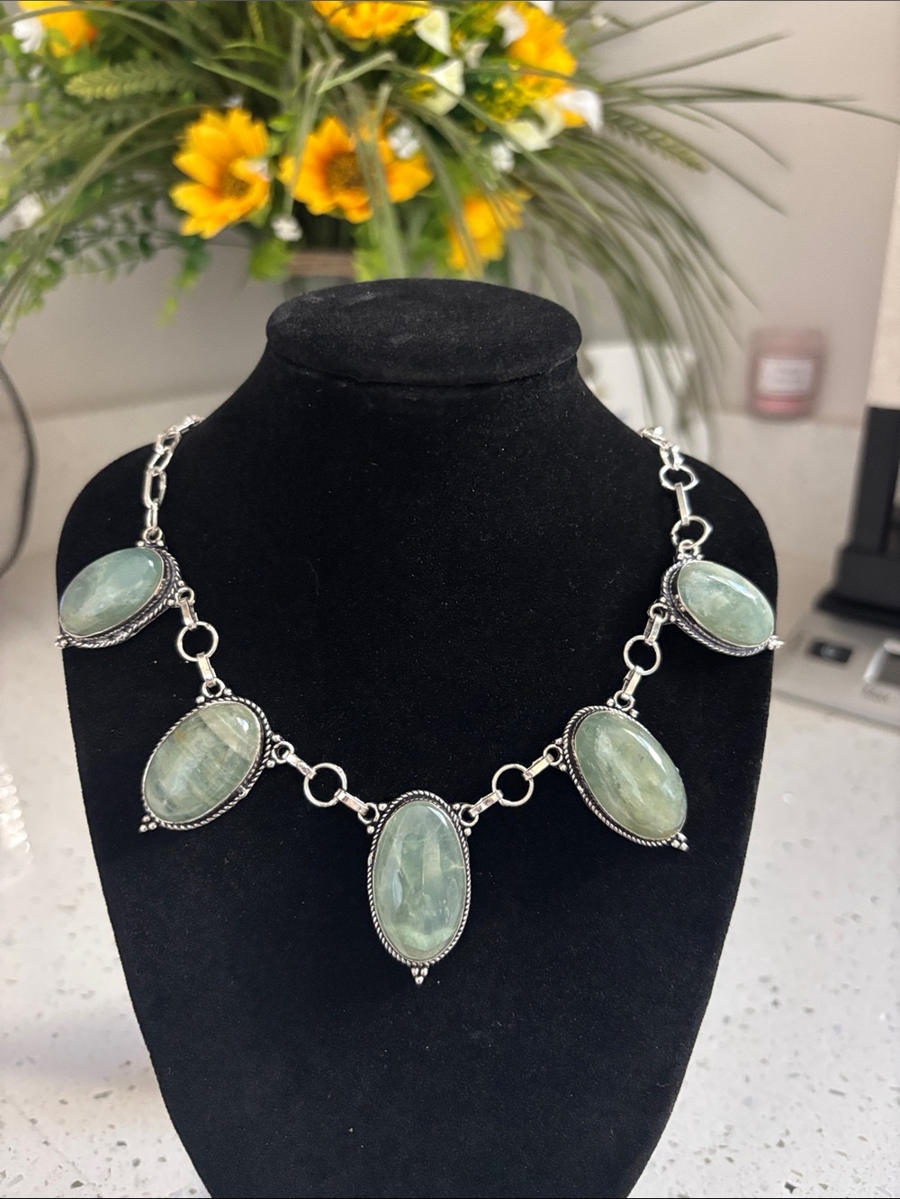 Sterling Silver Green Moss Agate Gemstone Link Necklace